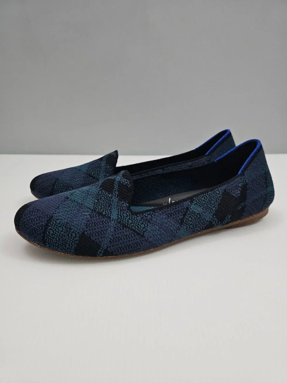 Rothy's The Loafer Flats Womens 8.5 Navy Plaid Knit Washable Slip On Preppy NEW